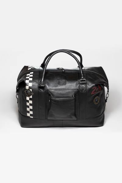 Borsa da viaggio grande in pelle nera con striscia Racing