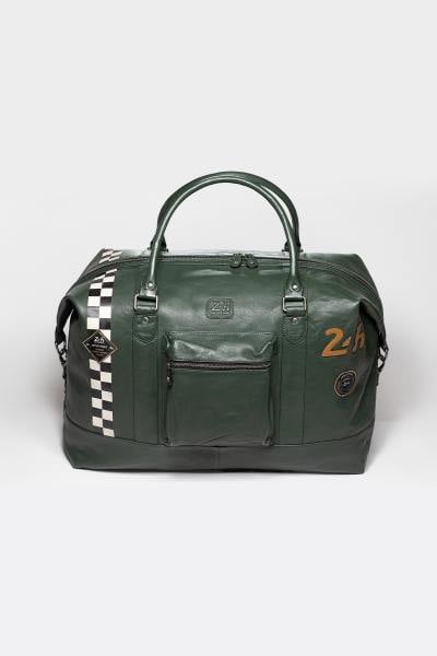 Grand sac de voyage en cuir vert avec bande Racing