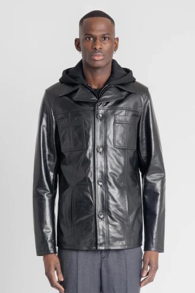 Blouson en cuir de buffle noir avec capuche amovible