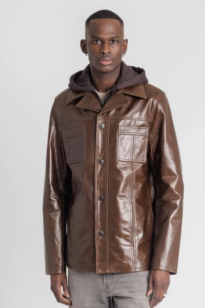 Blouson en cuir de buffle moka avec capuche amovible