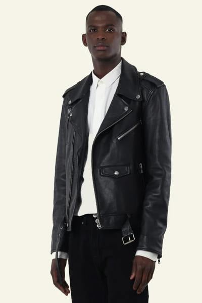 Blouson biker homme en cuir noir avec ceinture