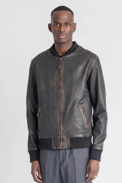 Blouson bomber en cuir aspect usé pour femme