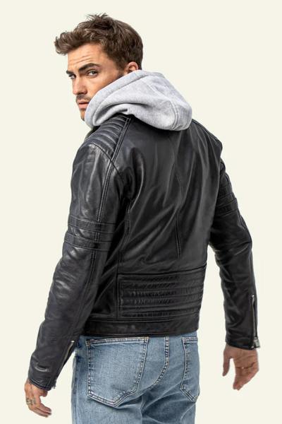 Blouson en cuir col motard bleu marine avec capuche grise amovible