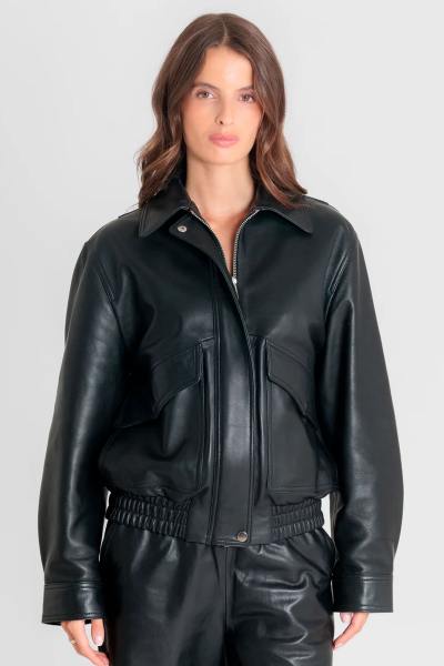 Übergroße schwarze Lederjacke mit elastischem Bund