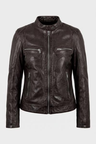 Blouson en cuir col motard marron chocolat pour femme