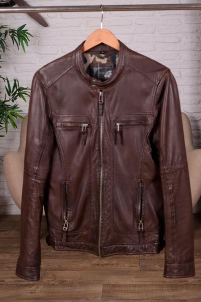 Blouson col motard marron en cuir de mouton