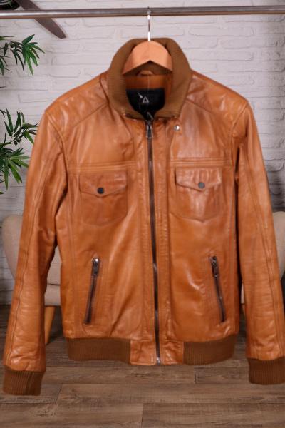 Blouson col montant en cuir de Buffle couleur cognac