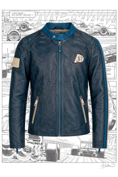 Chaqueta de cuero Michel Vaillant de estilo vintage en azul marino.