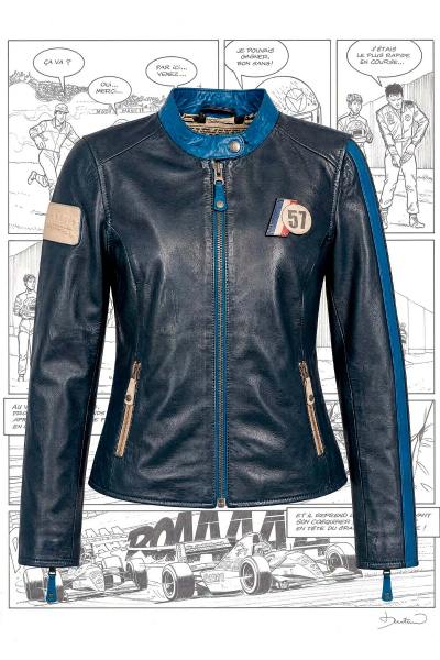 Chaqueta de cuero Michel Vaillant de estilo vintage en azul marino para mujer.