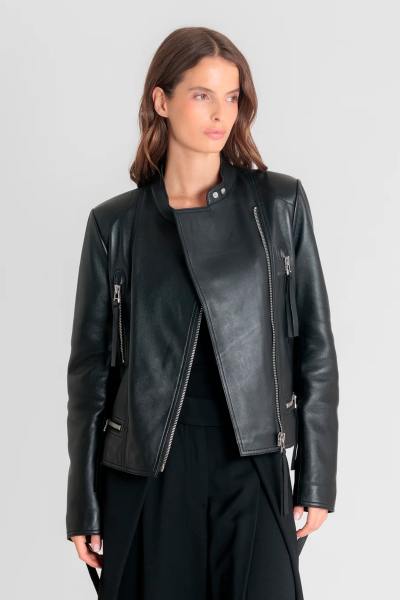 Moderne schwarze Bikerjacke aus Leder für Damen