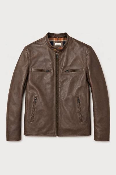 Braune Bikerjacke aus Büffelleder mit Kragen