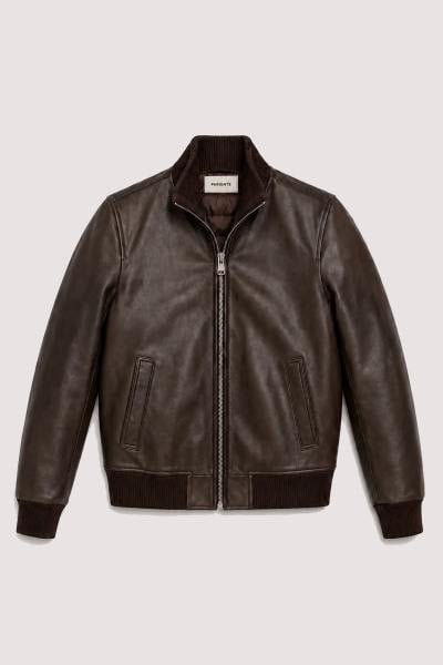 Braune Leder-Teddyjacke mit gestepptem, daunenartigem Futter