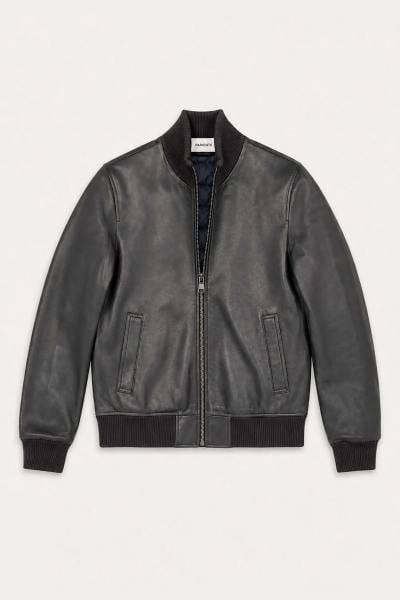Marineblaue Leder-Teddyjacke mit gestepptem Daunenfutter