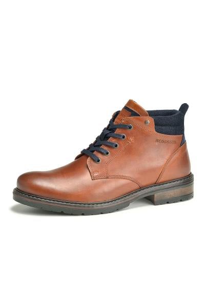 Cognacfarbene Lederstiefel mit marineblauen Details