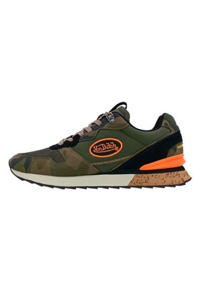 Sneakers in tessuto color kaki, arancione e mimetico
