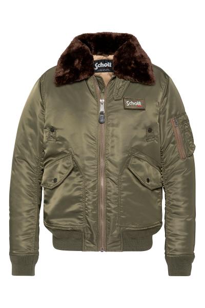 Chaqueta bomber militar color caqui con cuello de piel sintética desmontable.