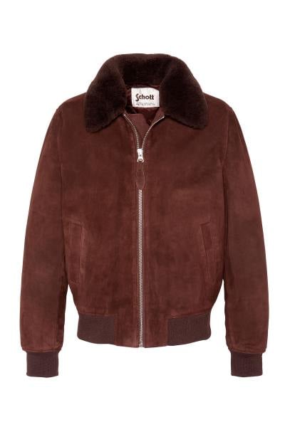 Chaqueta de aviador de ante marrón oscuro con cuello de piel sintética extraíble.