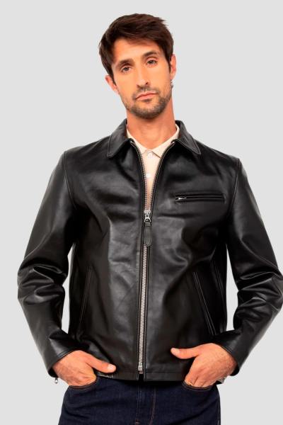 Chaqueta de piel de vaca negra, cuello de camisa