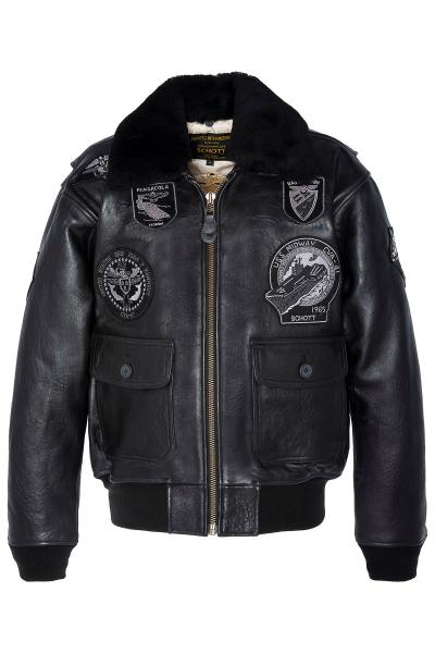 Chaqueta de piloto de cuero negro con parches y forro de primera calidad.