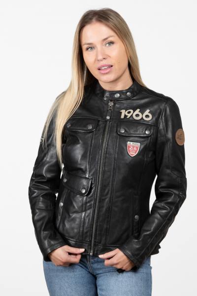 Schwarze Damen-Rennlederjacke mit vielen Taschen