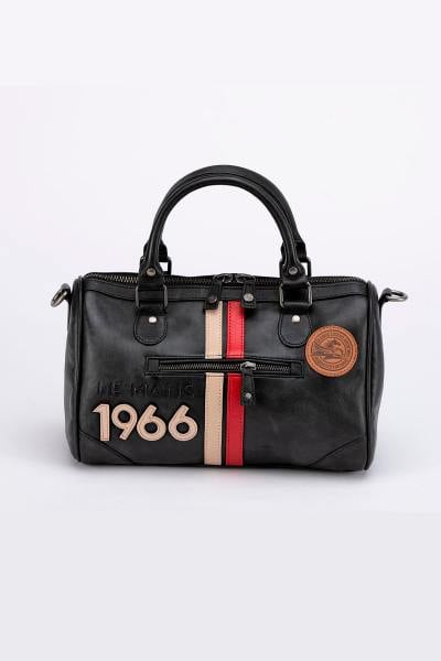 Schwarze Lederhandtasche im Rennsportstil
