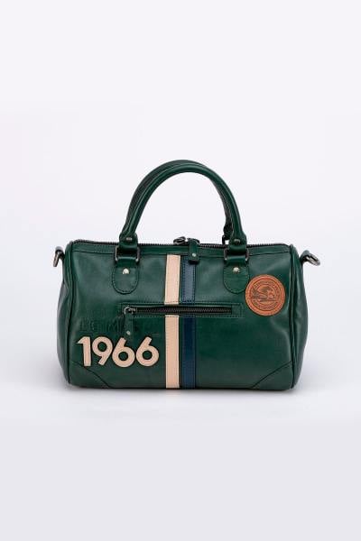 grüne Lederhandtasche im Rennstil
