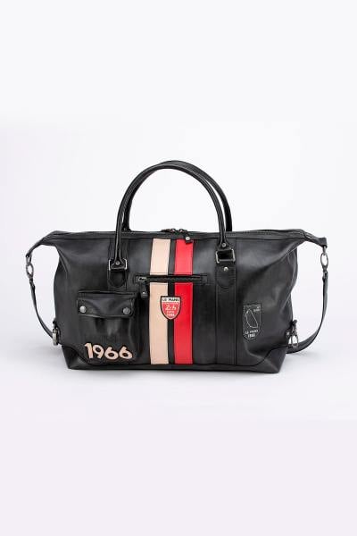 Schwarze Reisetasche aus Leder im Rennsportstil, 48-Stunden-Größe