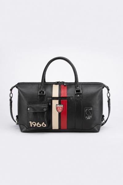 Schwarze Reisetasche aus Leder im Rennsportstil, 48-Stunden-Größe