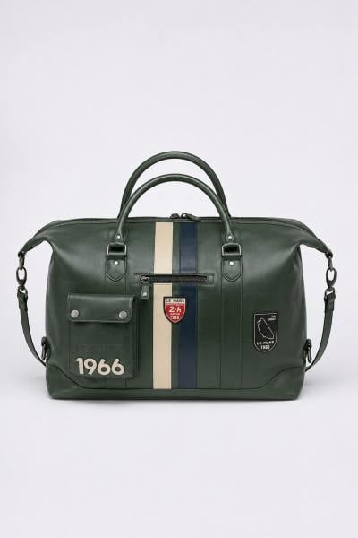 Grüne Reisetasche aus Leder im Rennsportstil, 48-Stunden-Größe