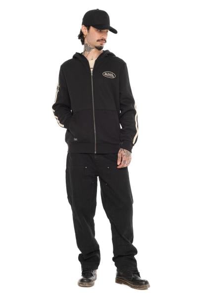 Schwarzer Fleece-Kapuzenpullover mit Reißverschluss, Abzeichen und Stickerei