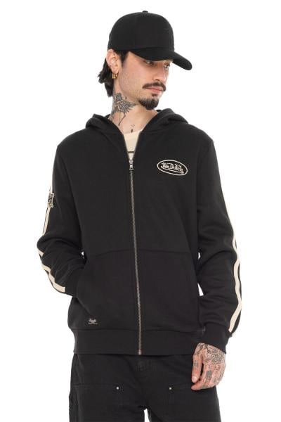 Schwarzer Fleece-Kapuzenpullover mit Reißverschluss, Abzeichen und Stickerei