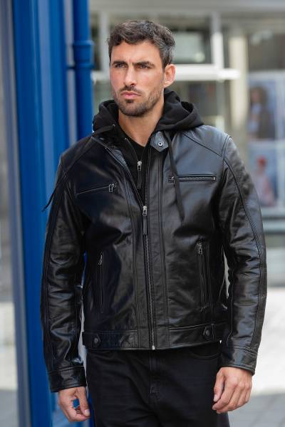 Schwarze Jacke aus Büffelleder mit Blende und abnehmbarer Kapuze