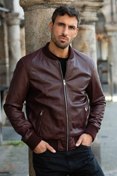 Giubbotto in pelle di montone bordeaux con fodera 100% cotone
