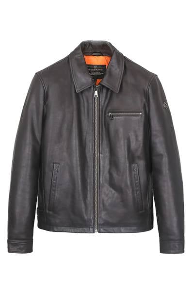 Giubbotto in pelle nera con colletto a camicia e fodera arancione