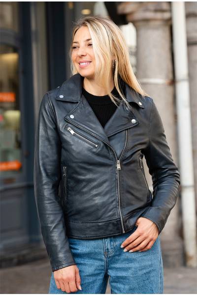 Marineblaue Bikerjacke aus Leder für Damen