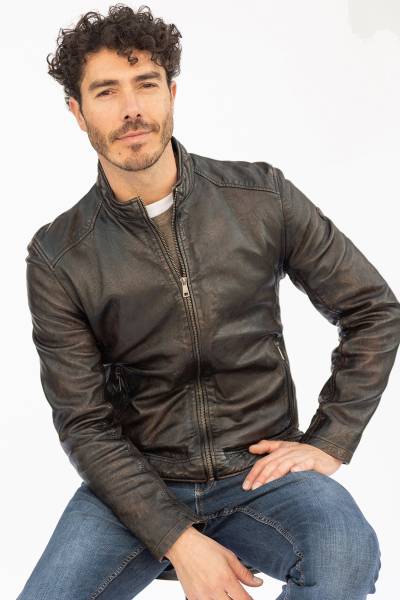Blouson col montant en cuir d'agneau vieilli brun-noir délavé