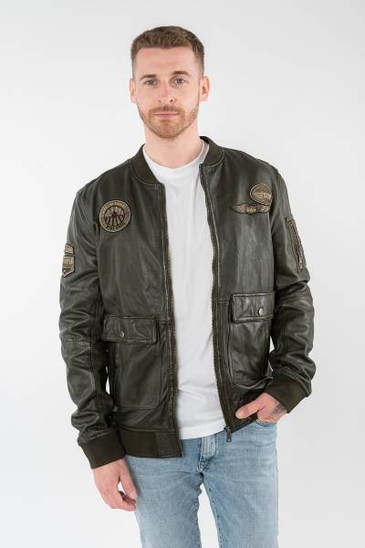 Blouson aviateur en cuir d'agneau vert kaki, patches ton sur ton