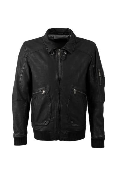 Blouson aviateur en cuir d'agneau noir, col chemise à patte de gorge