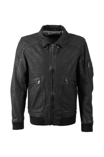 Blouson aviateur en cuir d'agneau vert très sombre, col chemise