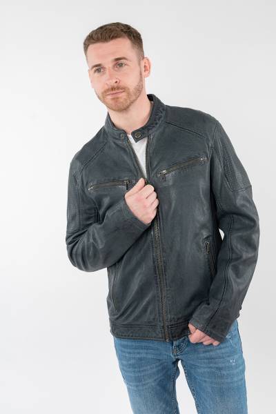 Blouson col motard en cuir d'agneau bleu gris, cuir perforé