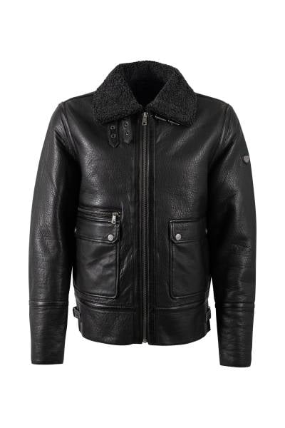Blouson aviateur en cuir d'agneau noir grainé à col lainé rapporté