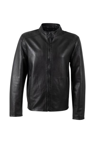 Blouson col motard en cuir d'agneau noir lisse à poches dissimulées