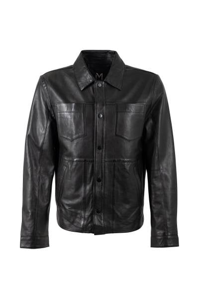 Blouson en cuir multipoches noir à col chemise et fermeture à pressions