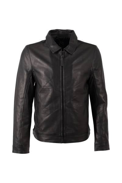 Blouson en cuir d'agneau noir souple à col chemise épuré