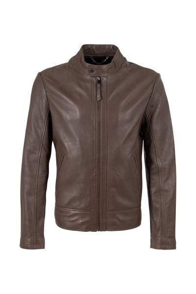 Blouson col motard en cuir d'agneau taupe foncé sobre