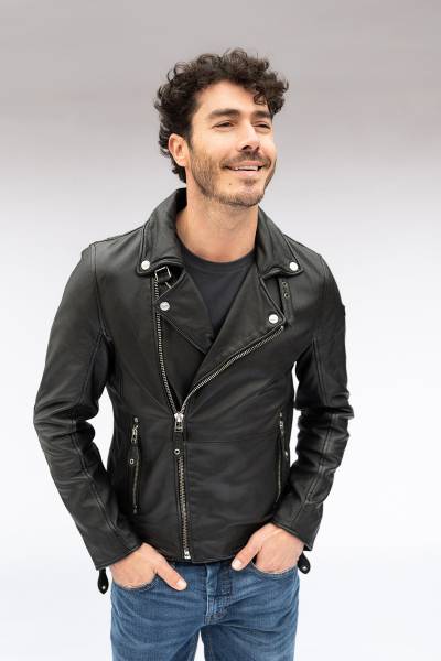Blouson biker en cuir d'agneau noir à zip asymétrique et revers crantés