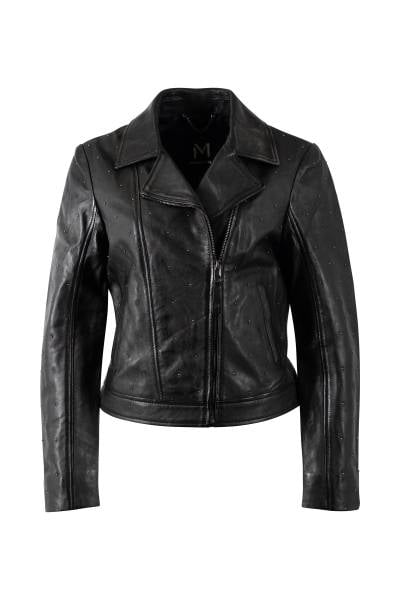 Blouson biker femme en cuir d'agneau noir clouté
