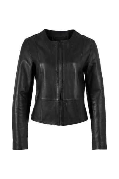 Blouson spencer femme en cuir d'agneau noir à encolure ronde