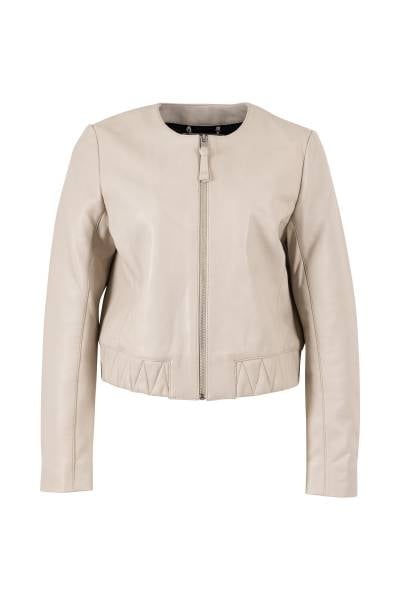 Blouson femme en cuir d'agneau beige à bas matelassé en zigzag