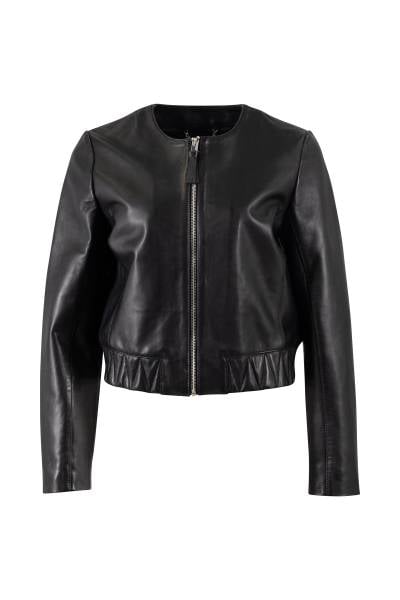 Blouson femme en cuir d'agneau noir à bas matelassé en zigzag